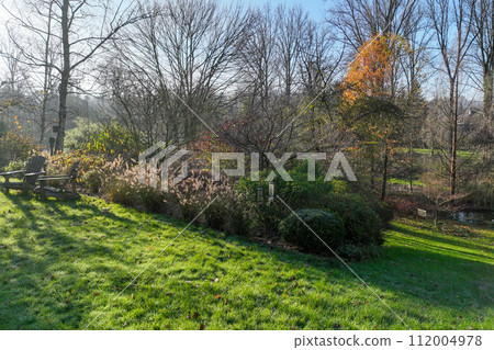 Enlgish green garden with water pound and multpiple type of trees and plants 112004978