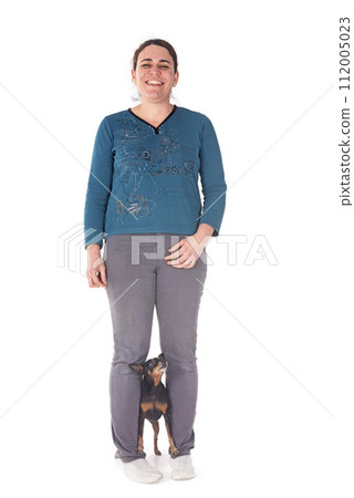 miniature pinscher and woman in studio miniature pinscher and woman in studio 112005023