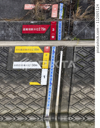 Water level display board attached to the riverbank Water level display board attached to the riverbank 112005124