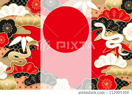 蛇年新年賀卡，日式背景，有鬆、竹、梅和白蛇、金蛇，沒有文字，適合那些認為黑蛇不吉利的人 112005304