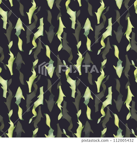 Watercolor seamless pattern of colorful laminaria illustration isolated on black. Kelp, seaweeds hand drawn. Painted algae. Design for background, textile, packaging, wrapping, marine collection 112005432