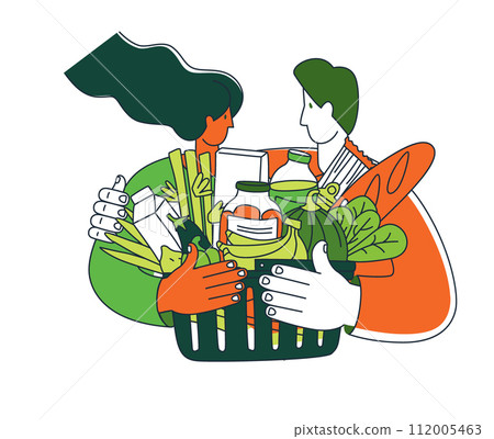 Happy Family couple, owners of a full basket of groceries Happy Family couple, owners of a full basket of groceries 112005463