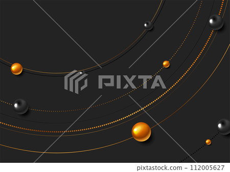 Black golden circular lines and glossy balls abstract retro background 112005627