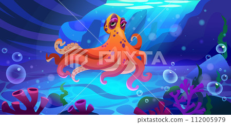 Octopus cartoon character swimming underwater. 112005979