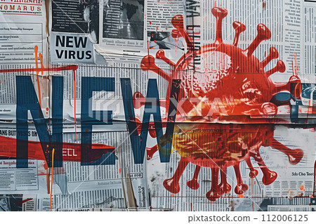 Pandemic headlines on newsprint with red virus illustration 112006125