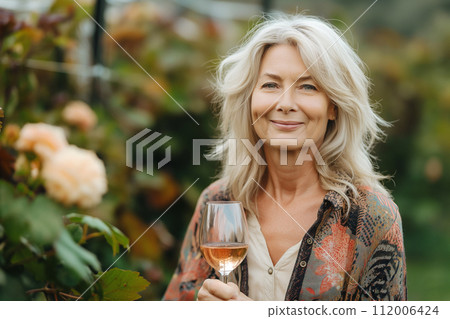 Smiling mature woman holding white glass of wine in garden 112006424
