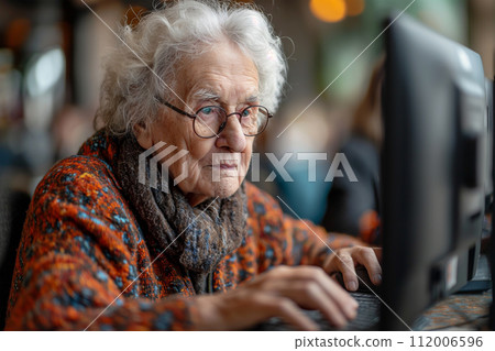 Active seniors attending computer course- working on PC 112006596