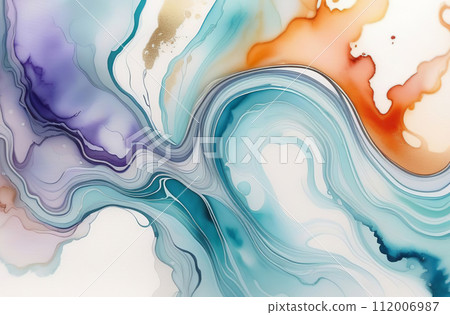Alcohol ink art full frame background. Currents of blue cyan hues, stains, golden swirls, soft color free-flowing textures. Natural aquarelle abstract fluid painting. Can be used as vertical poster. 112006987