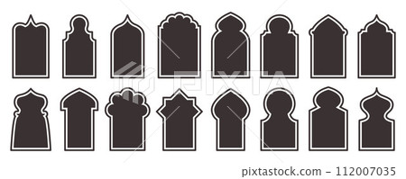 Ramadan frame shapes set. Vector door and windows arch with Islamic design. Muslim oriental gate. Indian vintage arcs with traditional ornament. Architecture elements and stickers Ramadan frame shapes set. Vector door and windows arch with Islamic design. Muslim oriental gate. Indian vintage arcs with traditional ornament. Architecture elements and stickers 112007035