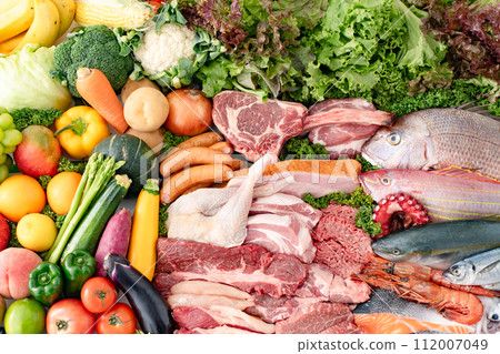 Meat, fish, vegetables, fruits collection white background 112007049