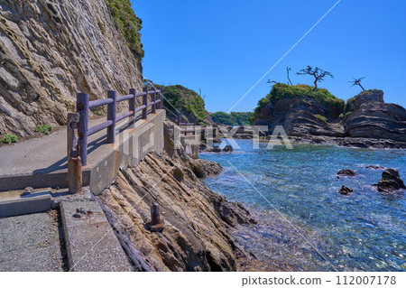 春天的神奈川縣橫須賀市荒崎海岸，從荒崎波的軌跡上眺望弁天島 112007178