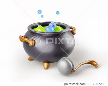 3d black cauldron with green boiling magic potions, poison or love elixir. Old witch boiler pot with scary liquid, water bubbles and ladle. Cartoon render set isolated on background. 3D illustration 3d black cauldron with green boiling magic potions, poison or love elixir. Old witch boiler pot with scary liquid, water bubbles and ladle. Cartoon render set isolated on background. 3D illustration 112007239