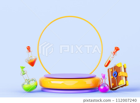 Graduation ceremony in magic school 3d render. Award podium with gold frame, spell book and potion bottles on background. Empty round stage for winner wizard. Halloween cartoon banner. 3D illustration 112007240