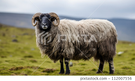 Scottish Blackface sheep standing against backdrop of highland lush green pasture. Rich textured wool speak to harsh environments, embodying enduring spirit of traditional sheep breeds 112007556