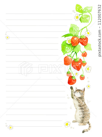 Hand-drawn watercolor illustration of a tabby cat standing up on its hind legs and playing with hanging strawberries. Lined stationery. Hand-drawn watercolor illustration of a tabby cat standing up on its hind legs and playing with hanging strawberries. Lined stationery. 112007632
