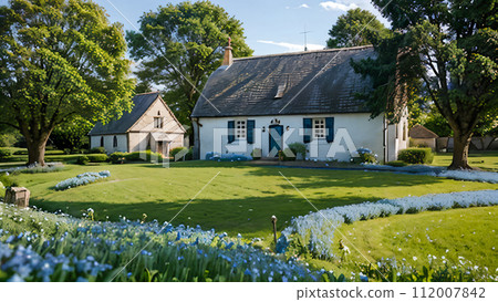 a small house in a meadow near a private house 112007842