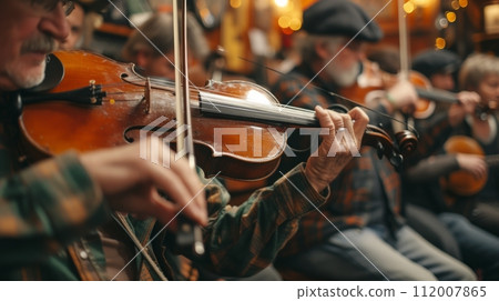 Captivating shots of musicians playing traditional Irish music in pubs 112007865