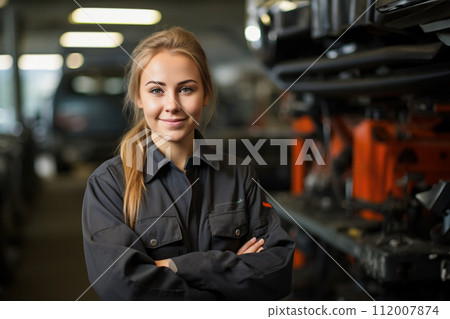 Confident female auto technician at garage, young woman mechanic stands in auto repair shop with crossed arms, represents professionalism and skills, gender diversity in automotive industry 112007874