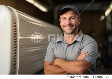Friendly HVAC male specialist at work. Man worker of air Conditioning systems in industrial setting, optimizing indoor environments. Safe, comfortable, and energy-efficient spaces for living and work 112007977