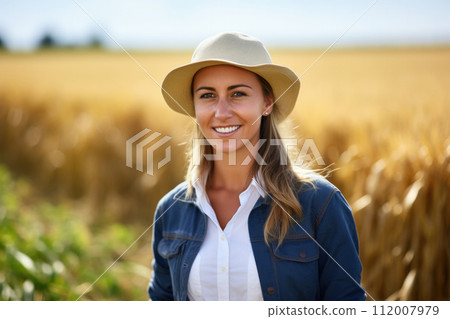 Smiling female agronomist with hat in golden wheat field. Sustainable farming practices, respecting and caring for our planet through responsible agricultural methods. 112007979