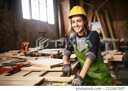 Smiling woman woodworker carpenter in protective gear works at workshop. Craftsmanship and Job Satisfaction, creating with one's hands, love of craft and positive work environment. 112007987