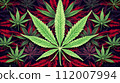 Artistic composition featuring symmetrical cannabis leaves in varying shades of green and red against a dark background. 112007994