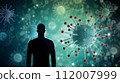 Silhouette of person against a backdrop with large, stylized viruses in varying shades of green, conveying a sense of viral infection. World Health Day, pandemic awareness and virus research concept 112007999