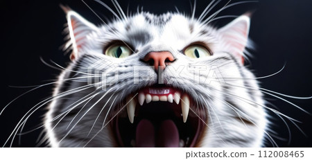 Angry cat muzzle close up. Aggressive animal concept. Evil feline snarling and looking furious. Big cat growling and shows teeth. Dangerous behavior. Concept of pet care, rabies, infection prevention. 112008465