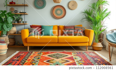 Boho Bliss: Vibrant patterns, lush greenery, and eclectic decor infuse this modern bohemian living space 112008561