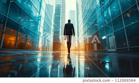 Against a backdrop of skyscrapers, the businessman strides purposefully 112008564