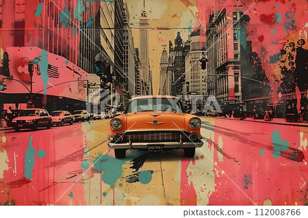 Colorful City Street with Yellow and Red Classic Cars 112008766