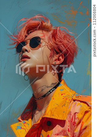 Kpop Artist with Pink Hair and Sunglasses in a Colorful Painting 112008804