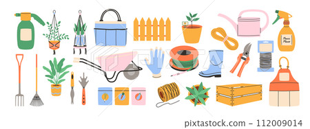 Set of garden tools. Sprayer, seeds, boots, box, apron, rake and more. Vector illustration. Set of garden tools. Sprayer, seeds, boots, box, apron, rake and more. Vector illustration. 112009014