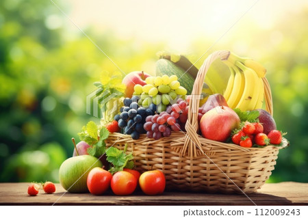 fresh fruit and vegetables in a basket, generative ai 112009243