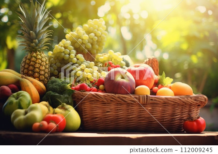fresh fruit and vegetables in a basket, generative ai 112009245