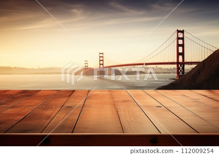 Wood table mockup with San Francisco bridge . Copy space for product. Generative AI 112009254