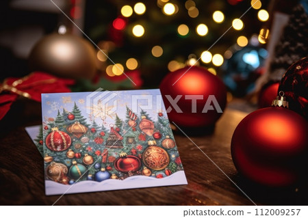 Greeting card concept. Abstract Christmas tree shape arranged with festive symbols..AI Generative. 112009257