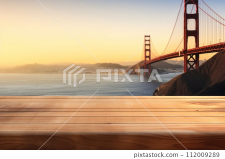 Wood table mockup with San Francisco bridge . Copy space for product. Generative AI 112009289