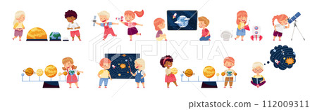 Boy and Girl Character Study Space and Galaxy Examine Solar System Vector Set 112009311