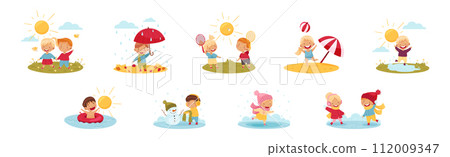 Kids Enjoying Season Walking at Nature Vector Set 112009347