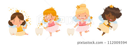 Cute Little Tooth Fairy with Baby Teeth and Magic Wand Vector Set 112009394