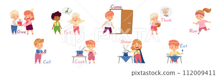 Verbs Study with Little Kids Doing Different Activity Demonstrating Vocabulary Vector Set Verbs Study with Little Kids Doing Different Activity Demonstrating Vocabulary Vector Set 112009411