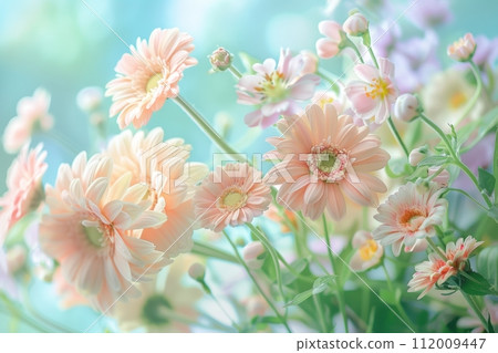 A visually beautiful spring landscape centered on delicate pastel-colored flowers 112009447