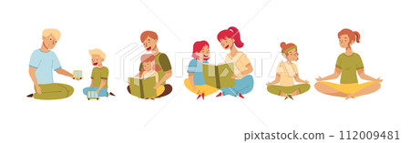 Happy Man and Woman Parent Spend Time with Their Kid Vector Set 112009481