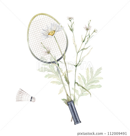 Set of sports equipment shuttlecock and badminton racket. Watercolor hand drawing illustration on a white isolated background. Watercolor bouquet of flowers daisy and meadow. Chamomile white plant. 112009491