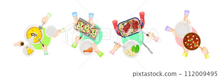 Tasty Dish Served by Human Hand on Plate Above View Vector Set 112009495