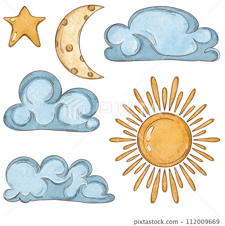 Hand Drawn Cute Sky Illustration bundle, Cloud, Star, Moon, Sun, Pencil style baby kids art drawings	 112009669