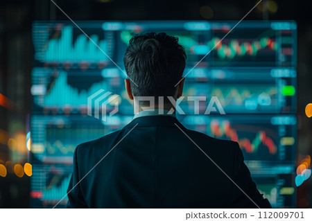 Rear view of a businessman in a suit observing fluctuating stock market graphs on digital screens. Rear view of a businessman in a suit observing fluctuating stock market graphs on digital screens. 112009701