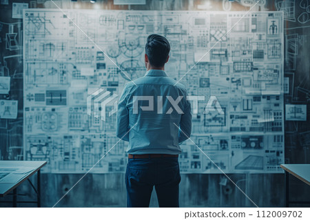 Rear view of an engineer analyzing intricate architectural blueprints and schematics on a large wall. Rear view of an engineer analyzing intricate architectural blueprints and schematics on a large wall. 112009702