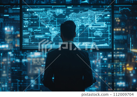 Silhouetted executive standing before a futuristic interactive display with global data and analytics. 112009704